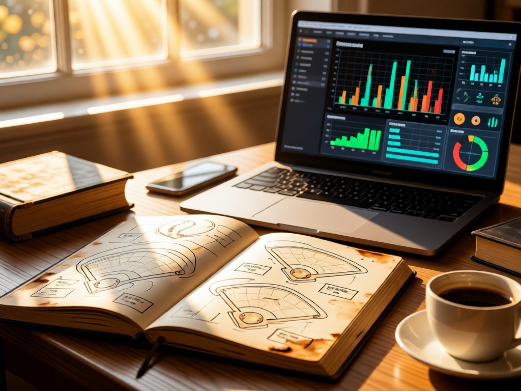 Open notebook with baseball diagrams beside laptop showing stats dashboard. Sunlight streams through window onto coffee-stained pages. Warm academic vibe. No people.
