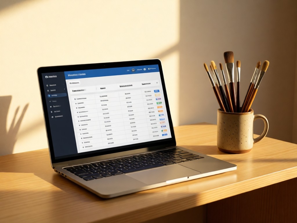 Minimalist desk with an open laptop showing a wholesale order dashboard. A ceramic mug holding artisan brushes sits nearby. Warm afternoon light. No people.