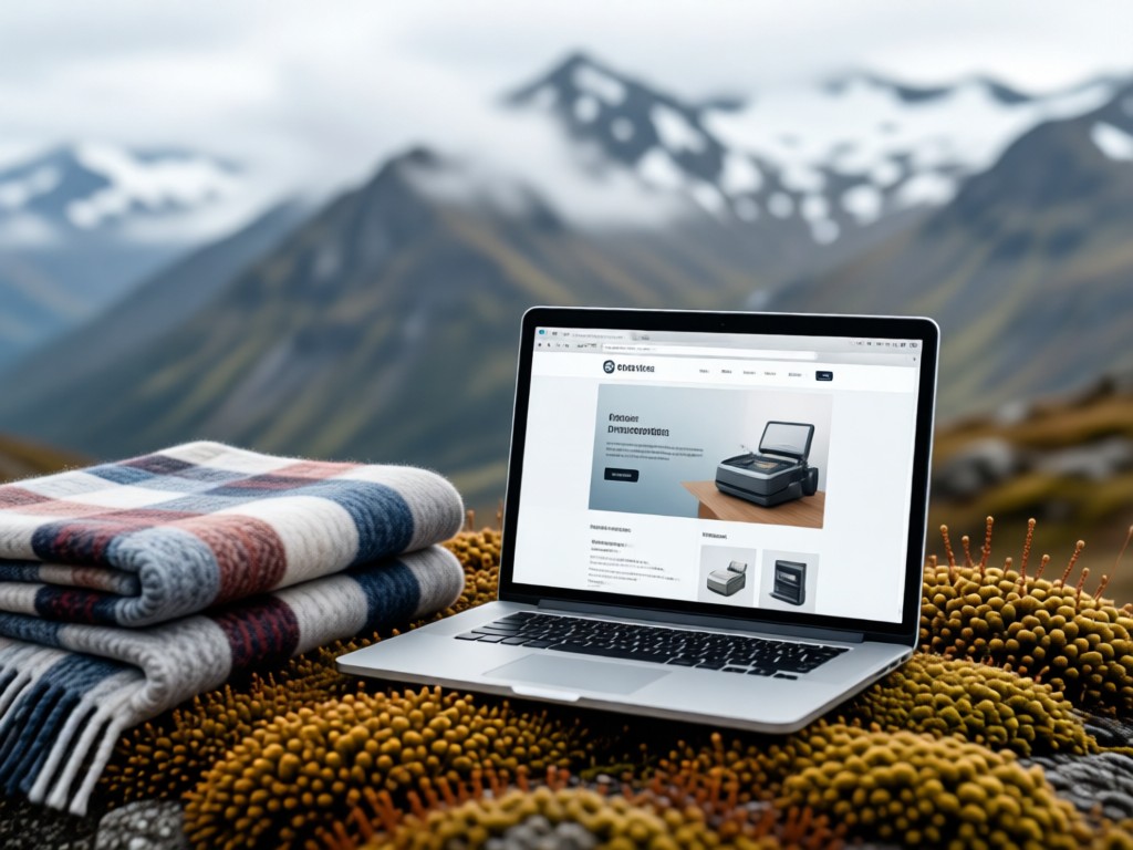 A laptop displaying a clean product page beside an Icelandic wool blanket and dried moss. Soft focus background shows a misty mountain range. Natural daylight. No people.