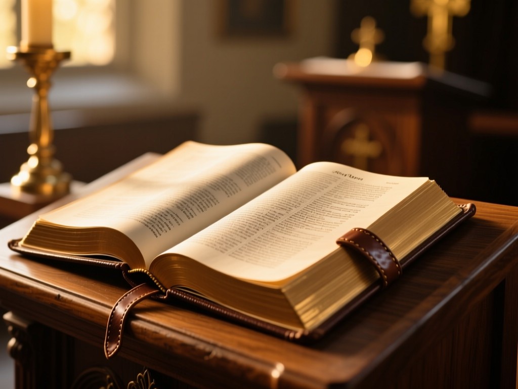 Open leather-bound scriptures on a wooden altar during golden hour, soft light illuminating pages, shallow depth of field, warm natural tones, no visible text or people.