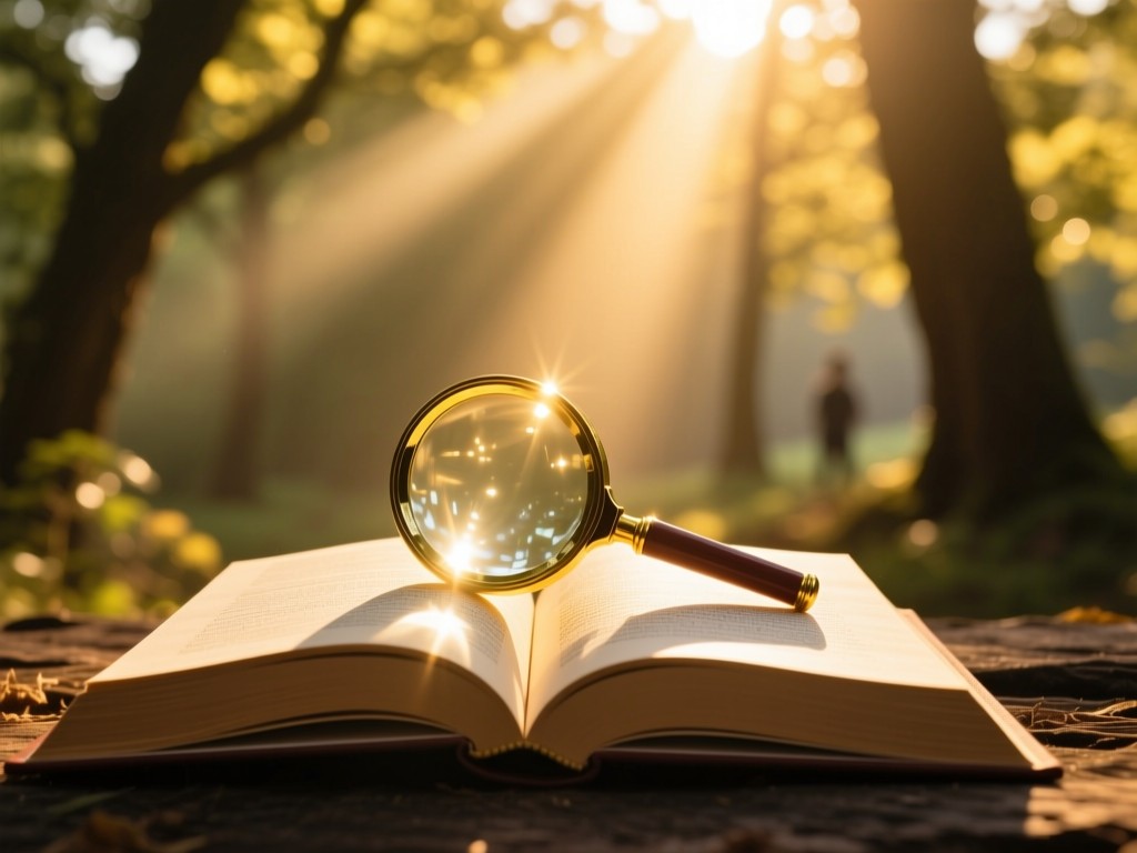 Sunlight streaming through trees onto an open book with glowing magnifying glass, golden hour ambiance, symbolic of discovery and knowledge, soft focus background, no people.