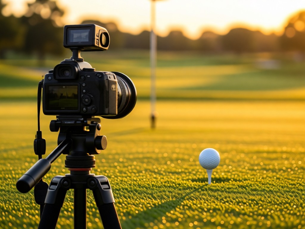A high-speed camera mounted on a tripod aimed at a golf ball on a practice tee. Soft focus on distant fairway. Golden hour lighting.