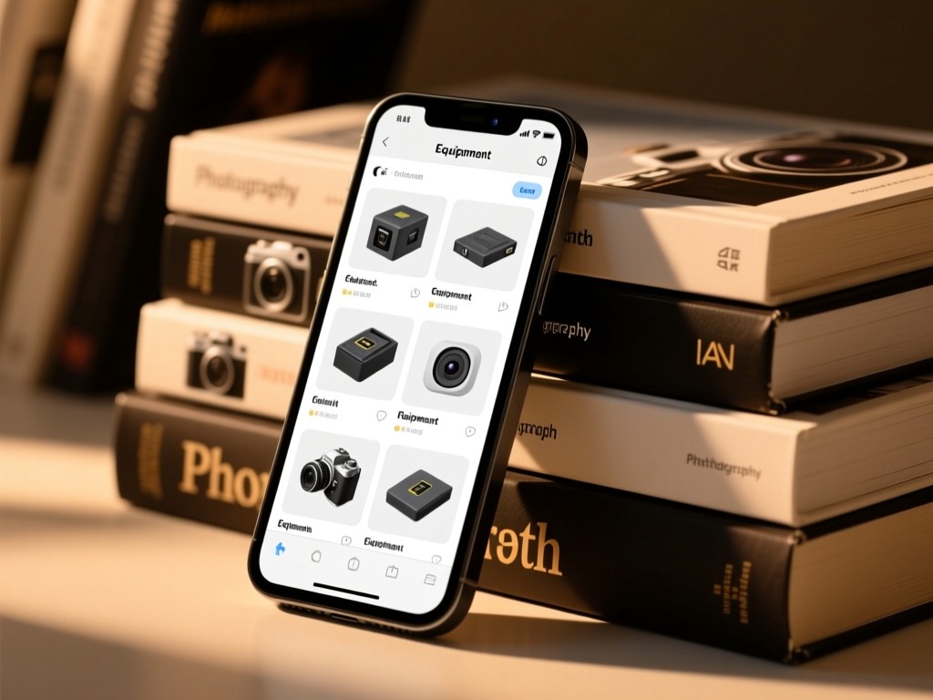 A smartphone displaying a clean equipment catalog, propped against a stack of photography books in warm light. Soft shadows emphasize depth. No people.