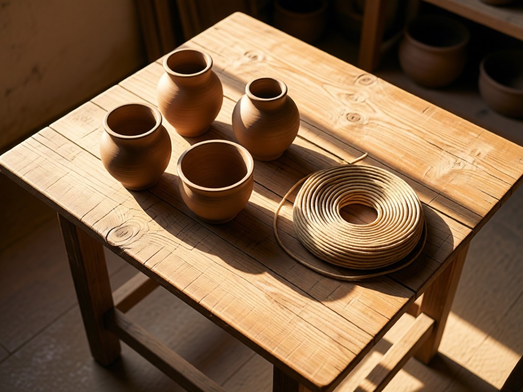 Overhead shot of a rustic wooden table with unfired pottery pieces arranged beside a coiled clay rope. Warm afternoon light creates soft shadows. Natural textures only.