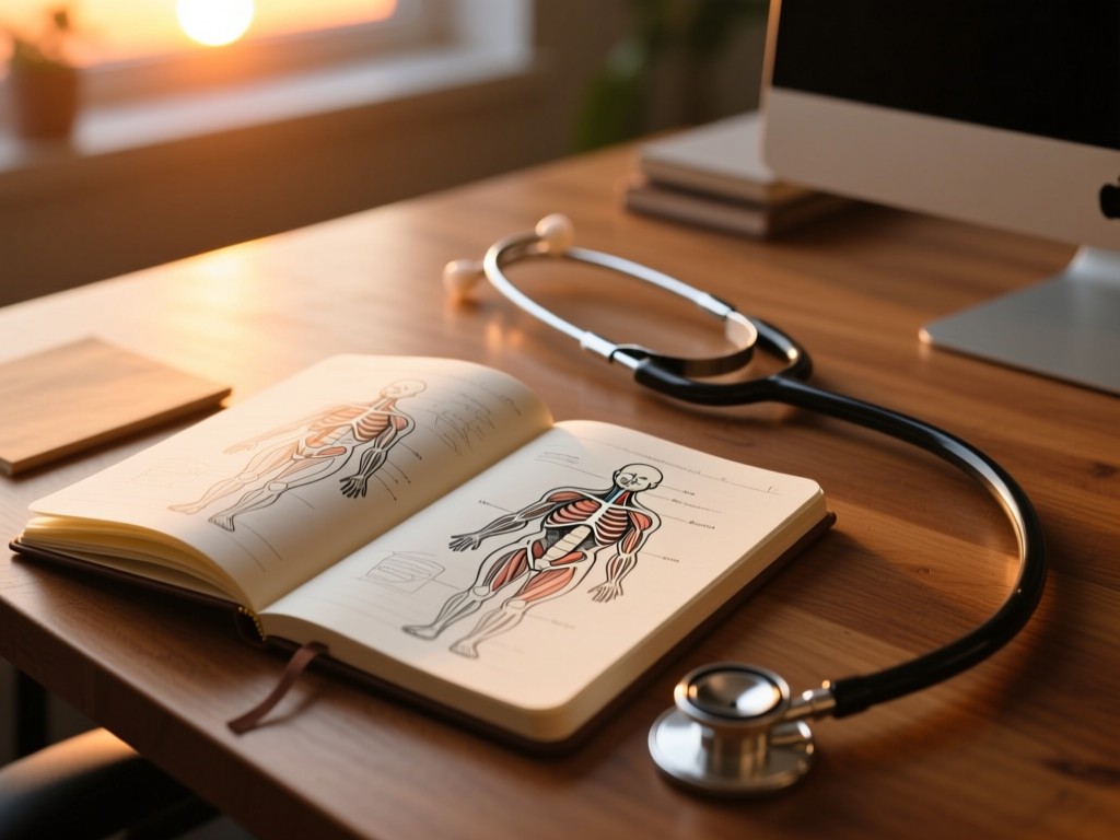 Open notebook with sketched anatomy diagrams beside a stethoscope on a wooden desk, warm sunset glow, shallow focus, soft film grain texture.