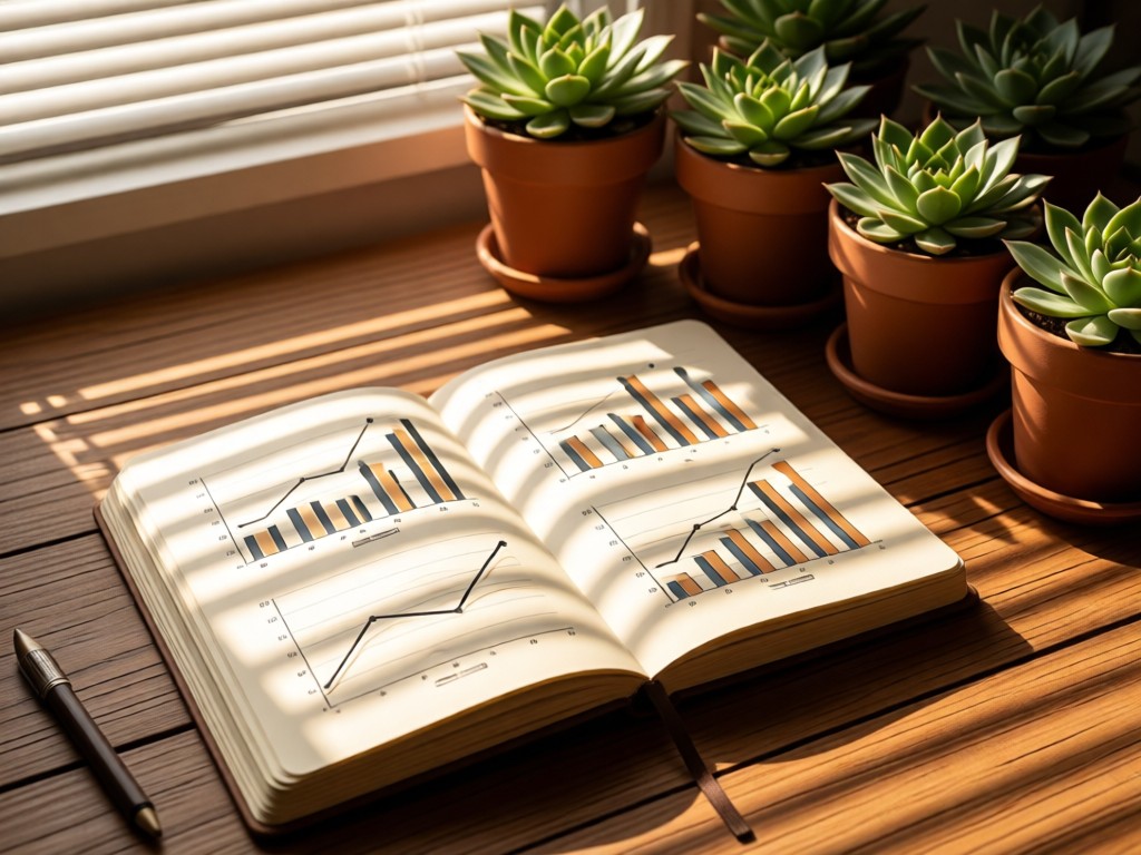 A notebook open to simple charts beside succulents. Morning light through blinds creates striped shadows. Earthy tones. No people.