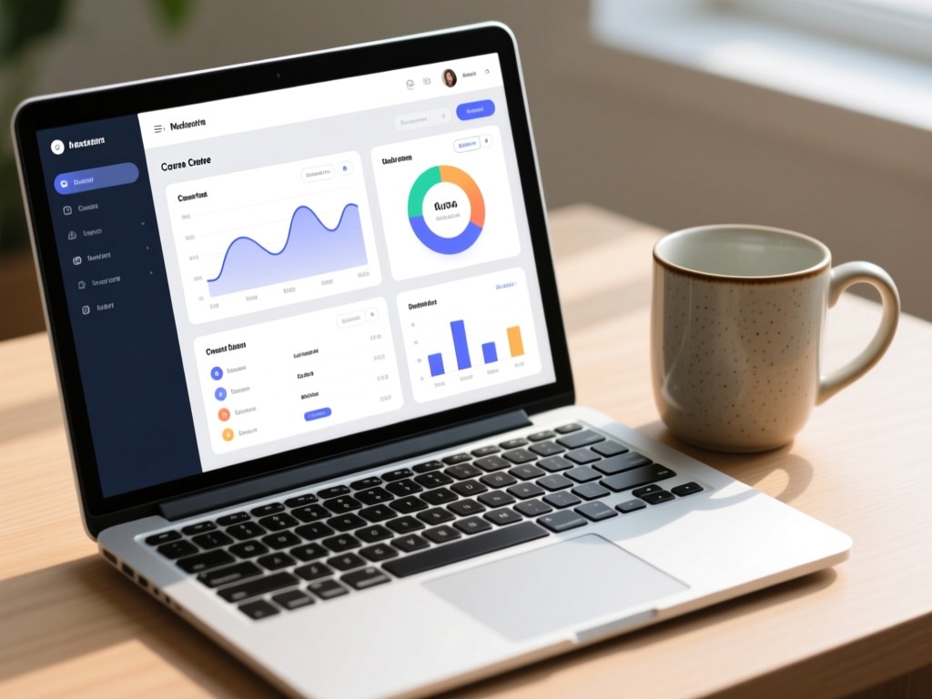 A modern laptop showing a clean course dashboard interface beside a ceramic mug. Natural light highlights the keyboard. Focus on technology and simplicity. No people.