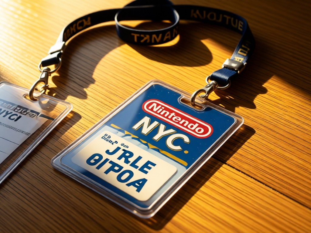 A detailed close-up of an exclusive Nintendo NYC event lanyard and badge on a wooden surface. Golden hour lighting creates long shadows. No people.