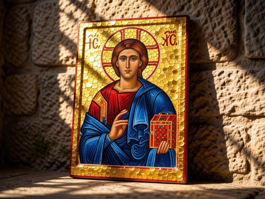 A single Byzantine-style icon resting against a stone wall in dappled sunlight. Gold leaf details glow warmly against deep blues and reds. No people.