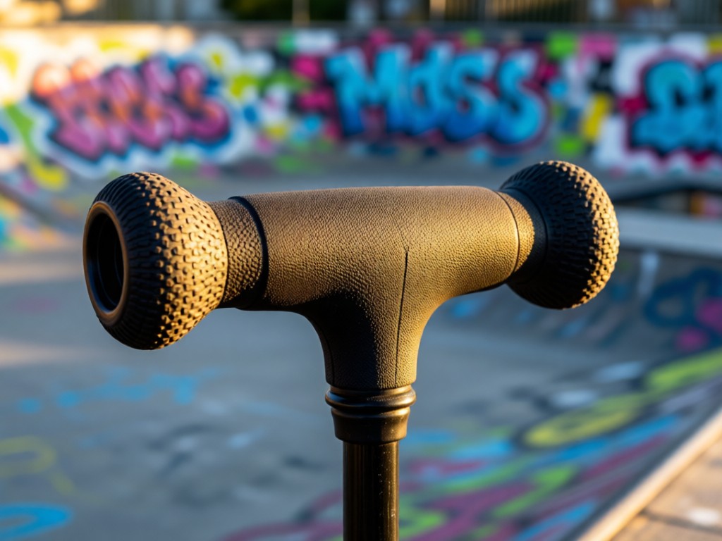 A close-up of a high-performance pogo stick grip against blurred skatepark graffiti. Morning light highlights the textured rubber. No people.