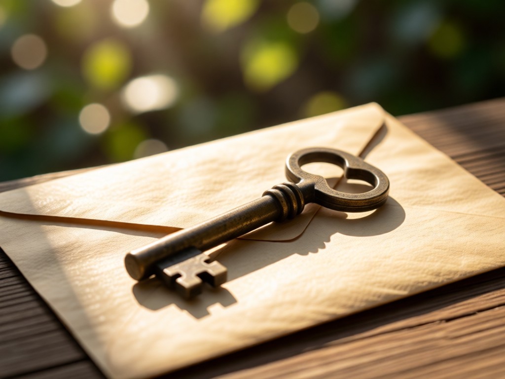 An antique key resting on a sealed parchment envelope. Sunlight highlights texture of paper and metal. Shallow depth of field with bokeh background. No people.