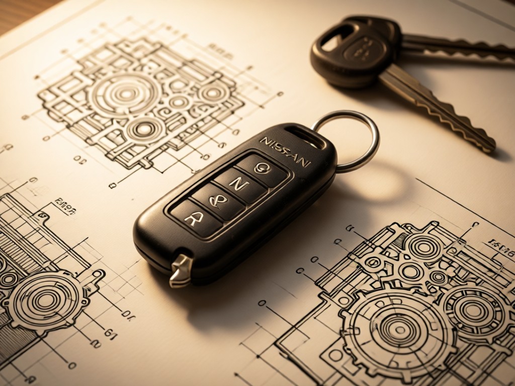 An overhead shot of a vintage Nissan key fob resting on blueprint paper. Technical drawings of engines fade into the background under warm studio lighting. Symbolizes precision and heritage. No people.