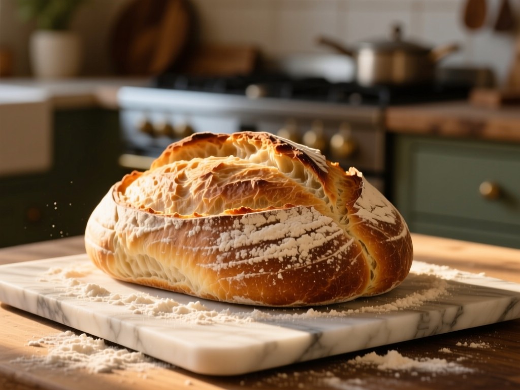 Artisan sourdough loaf on a marble slab during golden hour, flour dusting visible, warm sunlight highlighting crust texture, shallow depth of field, rustic kitchen backdrop, no people.
