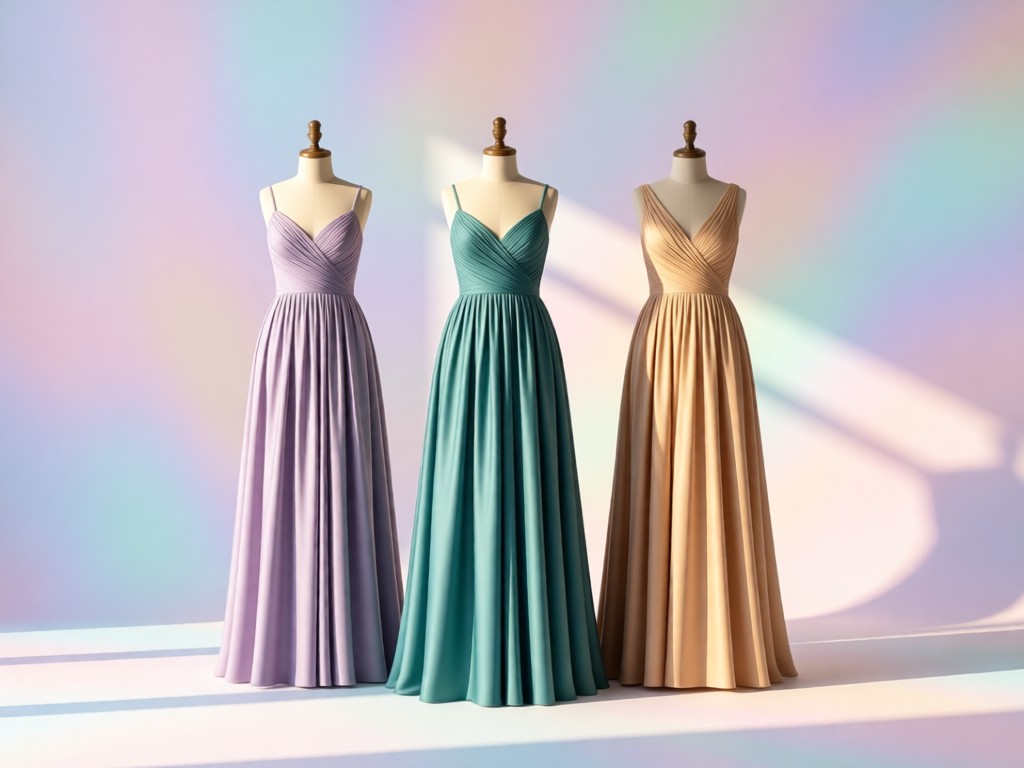 Three elegant prom dresses displayed on mannequins against a soft-focus pastel background. Morning light accentuates fabric textures and colors. Minimalist composition with ample negative space. No people.