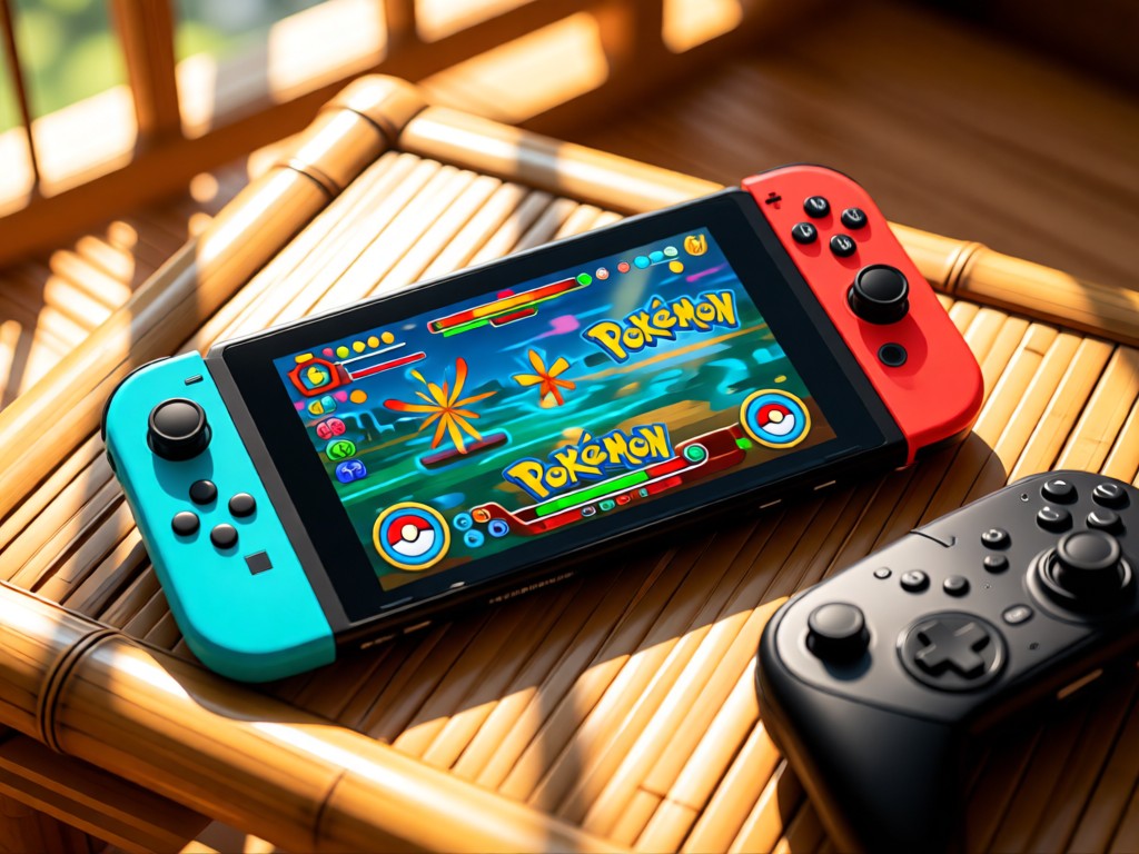 A Nintendo Switch displaying Pokemon battle stats on a bamboo desk. Controller rests nearby in warm afternoon light. No people.