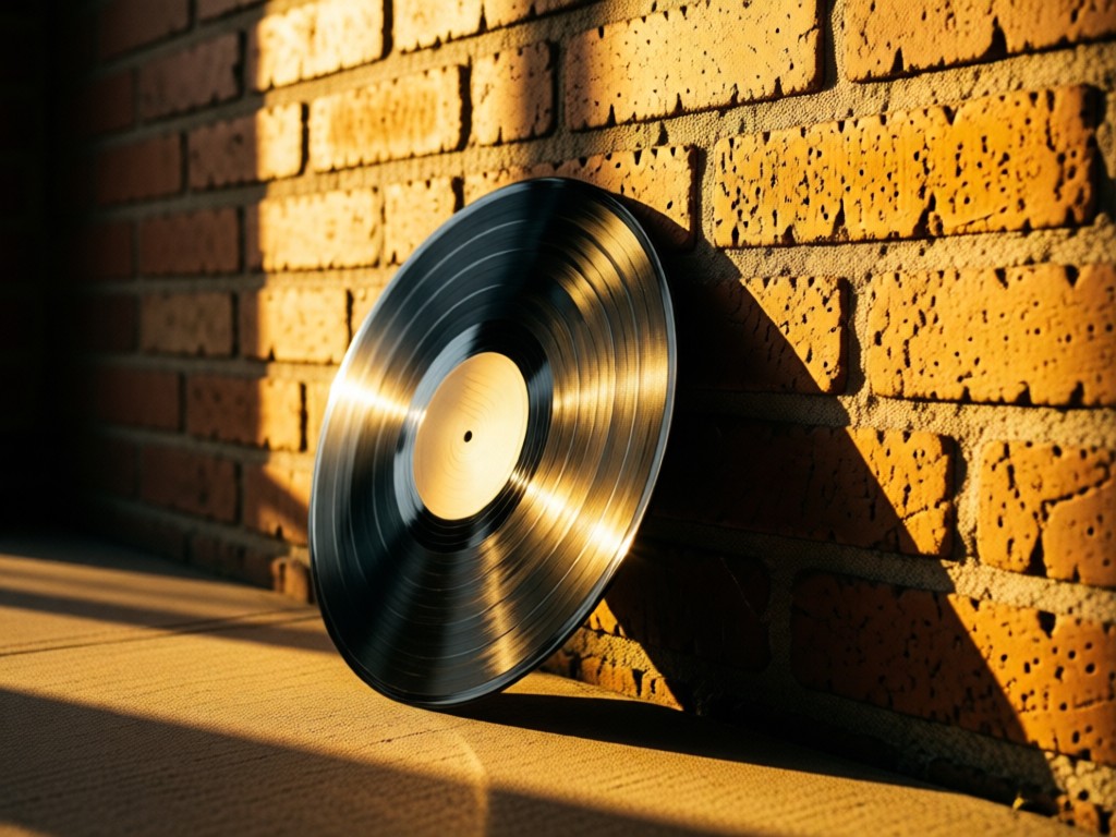 Vinyl records leaning against a sunlit brick wall. Golden light creates long shadows on textured surfaces. No people or equipment.