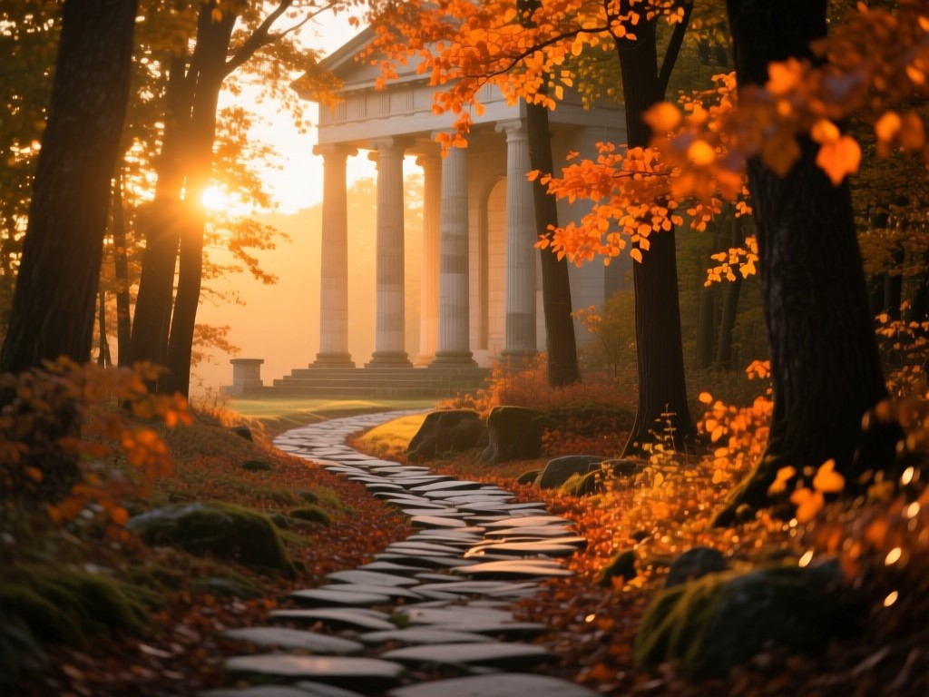 A winding stone path through an autumnal forest during sunset, golden light filtering through trees symbolizing discovery, vibrant orange leaves, soft focus on distant scholarly pillars, no text.