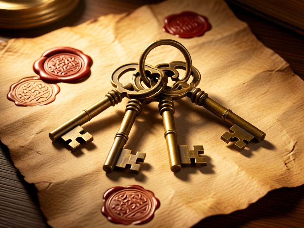 Interlocking brass keys on aged parchment with wax seal impressions. Warm light highlights textures of knowledge access. No people.