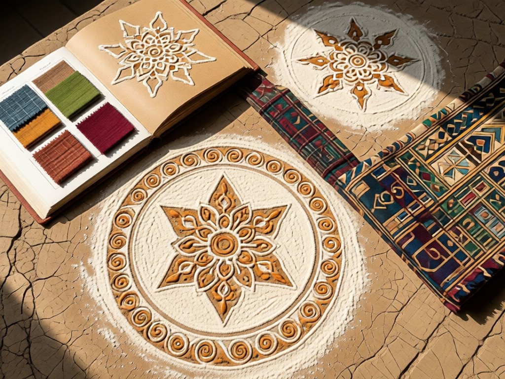 An overhead shot of traditional kolam patterns drawn in rice flour beside a fabric swatch book. Natural light enhances geometric precision. Earthy color palette. No people.