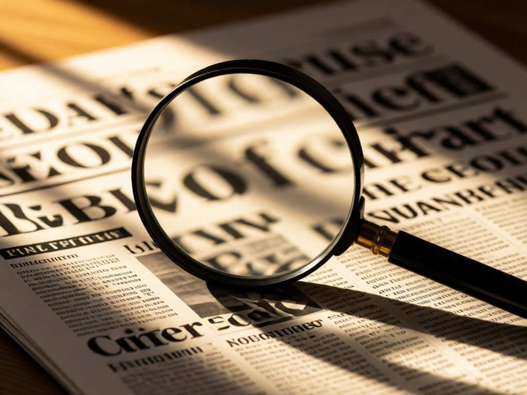 A magnifying glass resting on newspaper headlines in dappled sunlight. Focus on the glass lens with blurred political section background. Warm tones, no people.