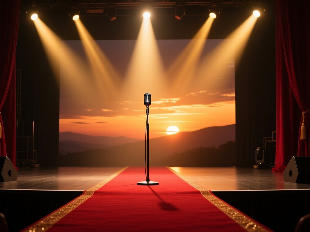 A red carpet unfurling toward a stage spotlight at sunset, golden light beams cutting through dusk, empty microphone stand center stage, symbolic of opportunity and discovery.