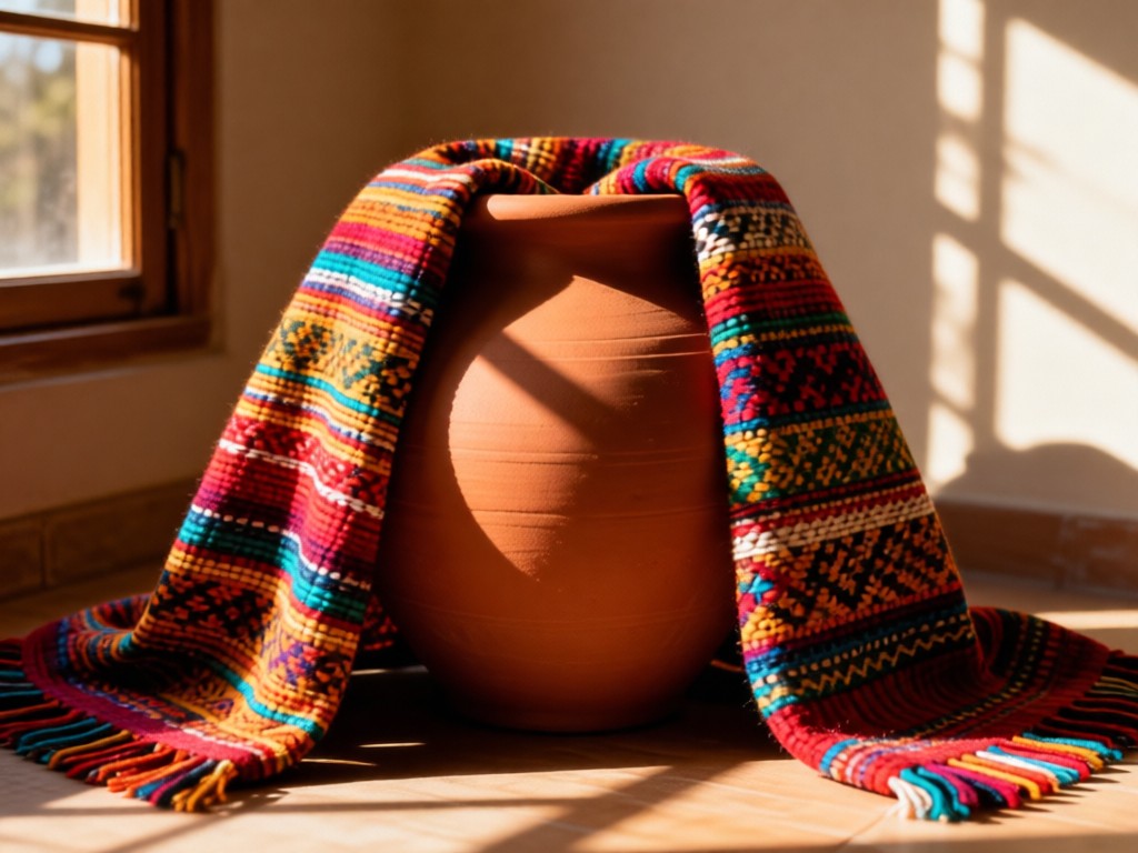 Handwoven Peruvian textiles draped over a terracotta pot. Soft shadows highlight textures. Sunlight filters through nearby window. Warm color palette. No people.