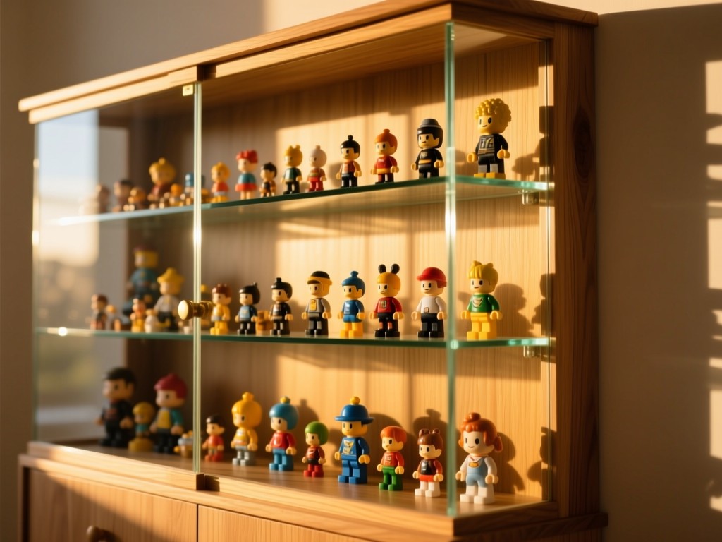 Glass display cabinet during golden hour, shelves filled with meticulously posed toy figures, warm sunlight highlighting details, shallow depth of field, minimalist background, natural wood texture, no people.