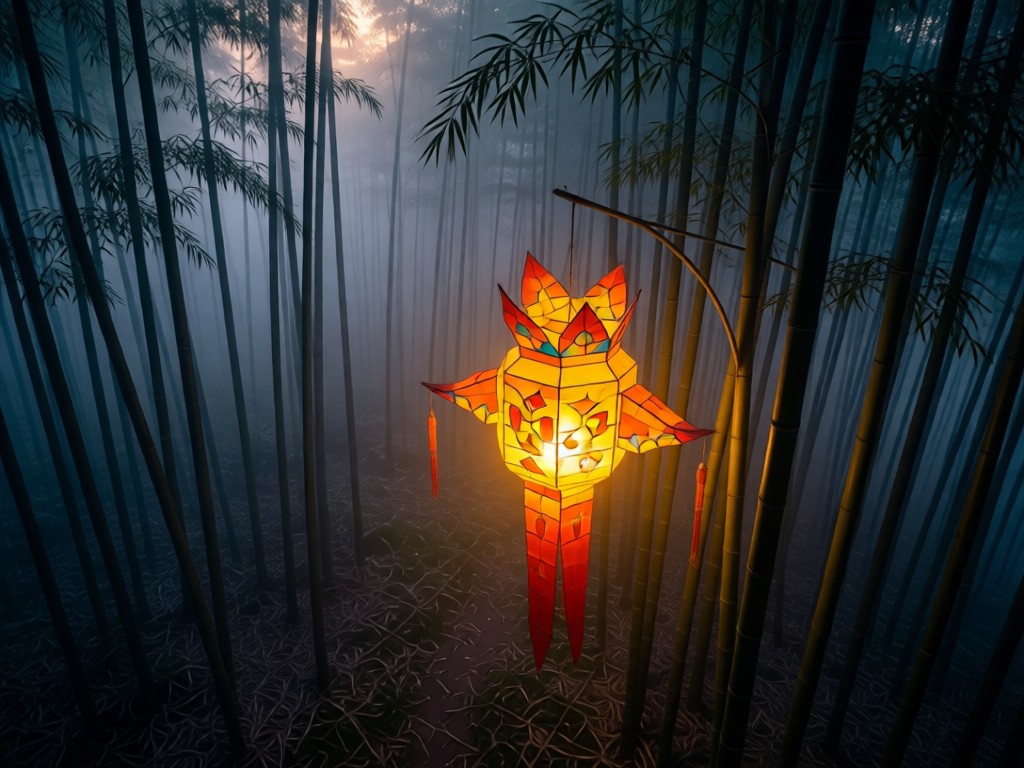 Aerial view of a single Philippine parol lantern glowing in a dark bamboo grove at dusk. Warm light symbolizes visibility. Misty atmosphere. No people.