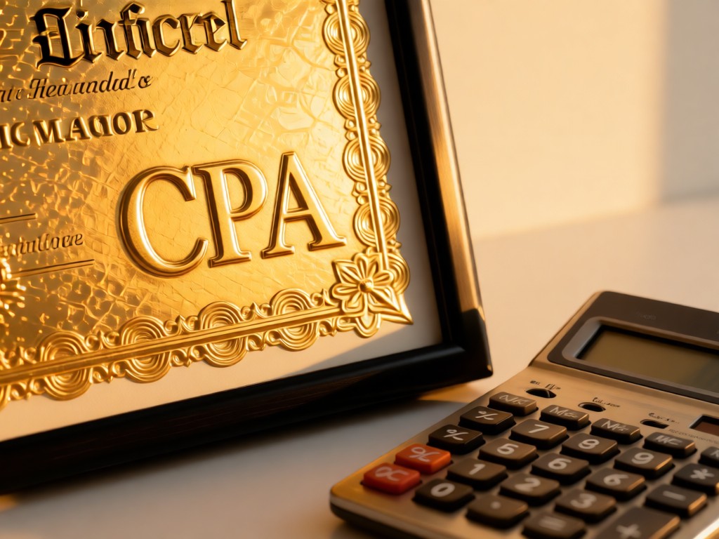 Close-up of embossed CPA certificate in a sleek frame beside a vintage calculator. Golden hour light highlights textures. Clean background. No people.