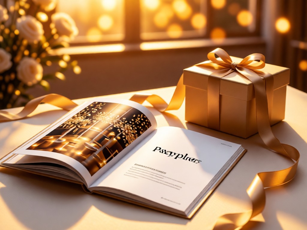 Stylish arrangement: party catalog open to supplier page, connected to gift box via ribbon. Golden hour warmth. Soft focus background. No people.