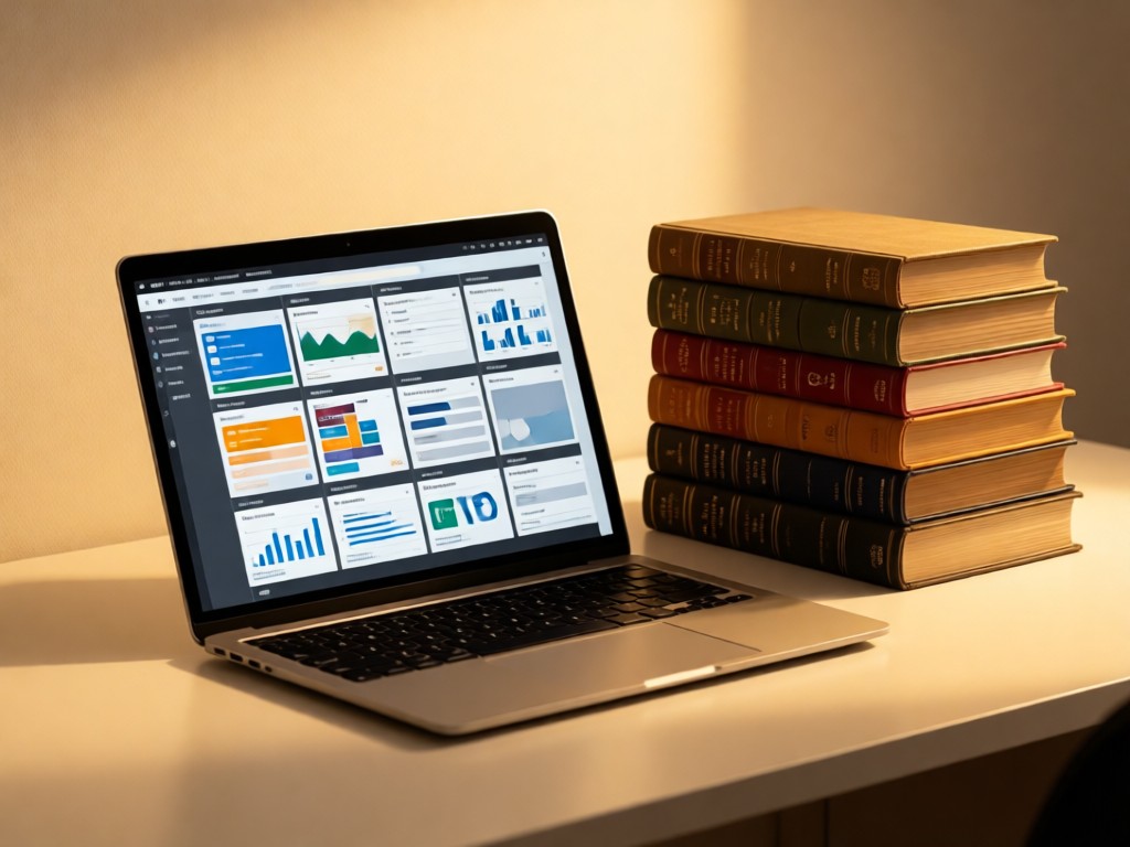 An open laptop showing organized research tiles next to neatly stacked scholarly journals. Soft golden light highlights the textures. Clean desk with negative space. No people.