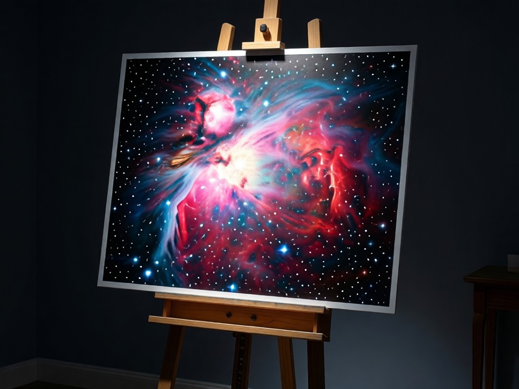 A high-quality print of the Orion Nebula displayed on an easel in a dark room. Soft spotlight illumination highlights the cosmic colors. No people.