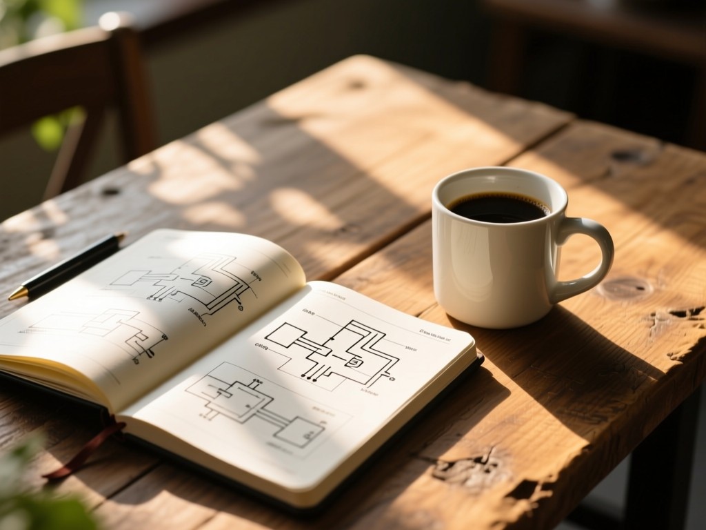Open lab notebook with circuit diagrams next to coffee mug on rustic table, morning sunlight streaks, shallow depth of field, warm wood tones, no visible text.