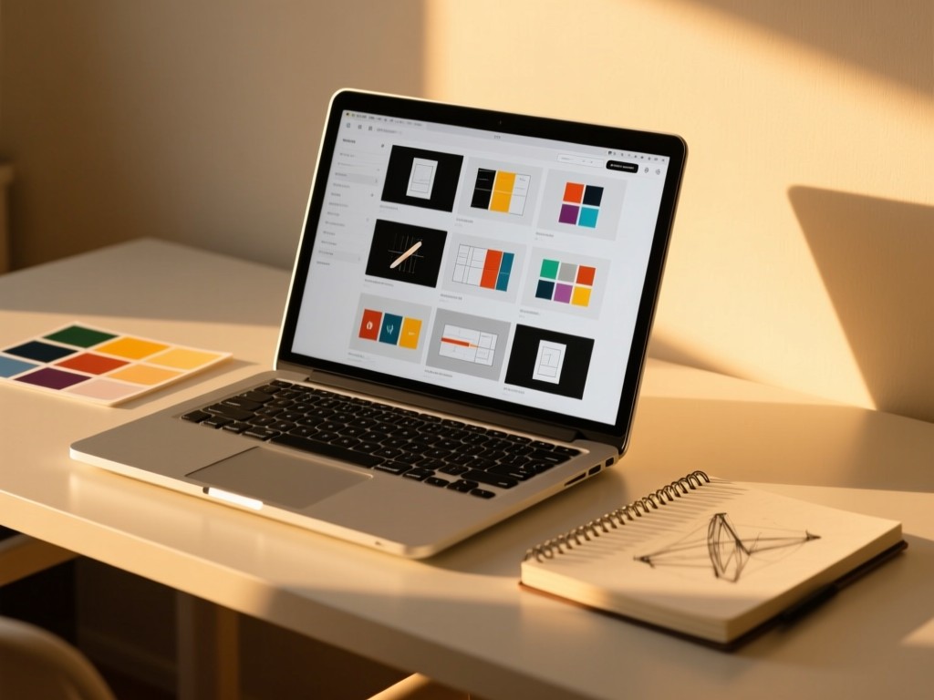 A minimalist desk during golden hour featuring an open laptop displaying a grid of design projects, warm sunlight highlighting color swatches and a sketchbook, soft shadows, shallow depth of field, no people.