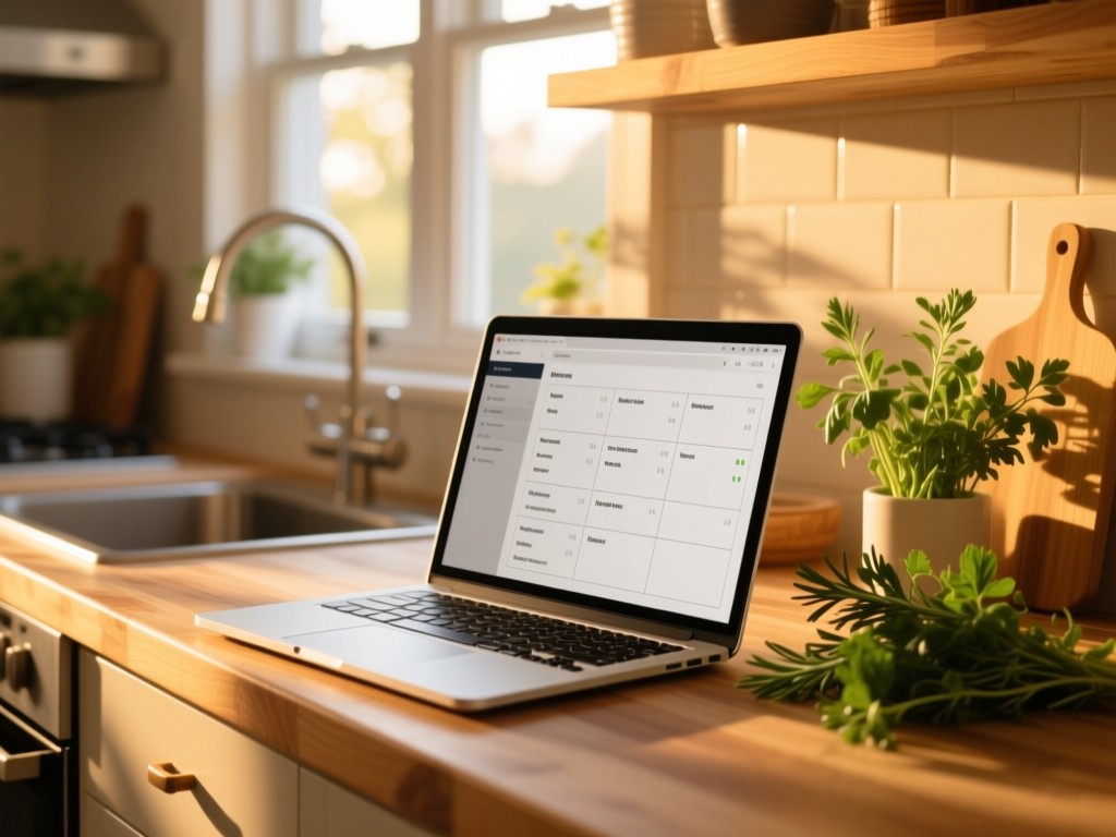 Wooden kitchen counter at golden hour displaying an open laptop showing a clean recipe grid, fresh herbs nearby, soft sunlight filtering through window, shallow depth of field, warm tones.