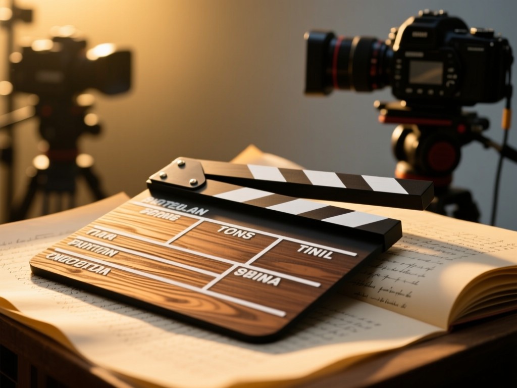 A clapperboard resting on a film script under soft studio lighting. Focus on the textured wood and script pages. Background shows blurred camera equipment. Golden hour ambiance. No people.