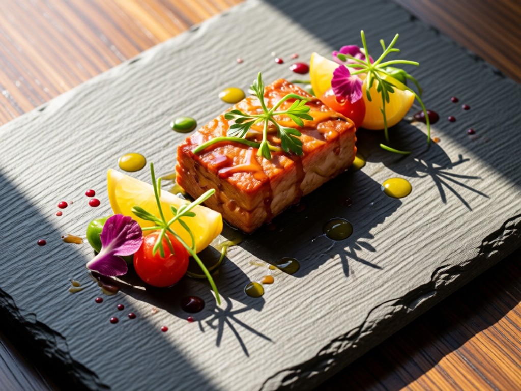 Overhead shot of a beautifully plated gourmet dish on a stone slab. Natural light highlights textures and colors. Garnishes artfully arranged. No people.