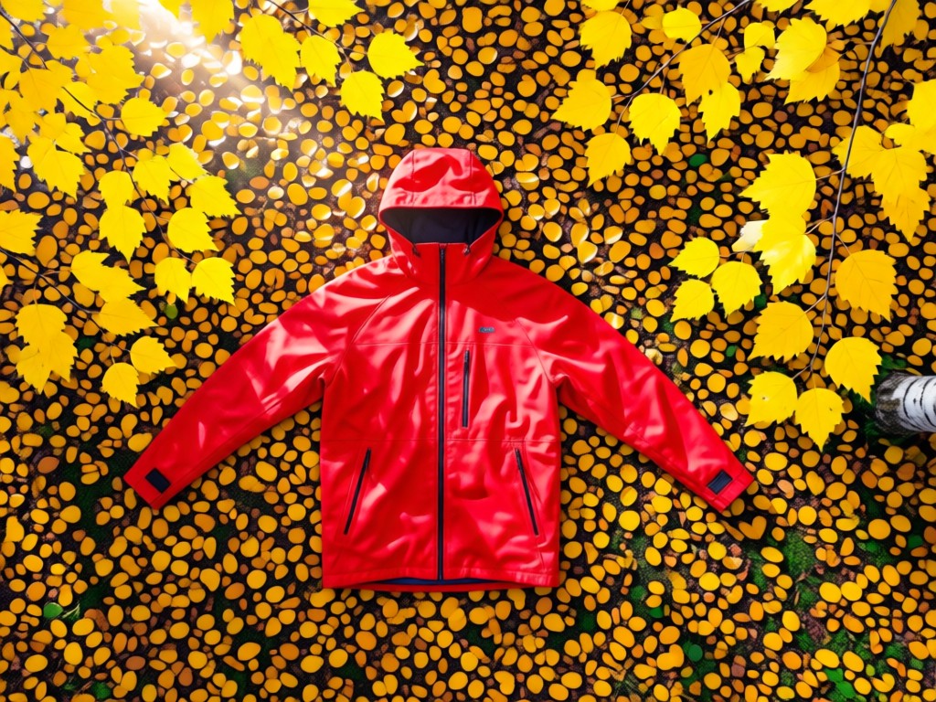 An aerial shot of a bright red waterproof jacket laid flat on a bed of autumn leaves in a forest clearing. Sunlight filters through yellow birch leaves. Symbolizes standout performance in natural environments. No people.
