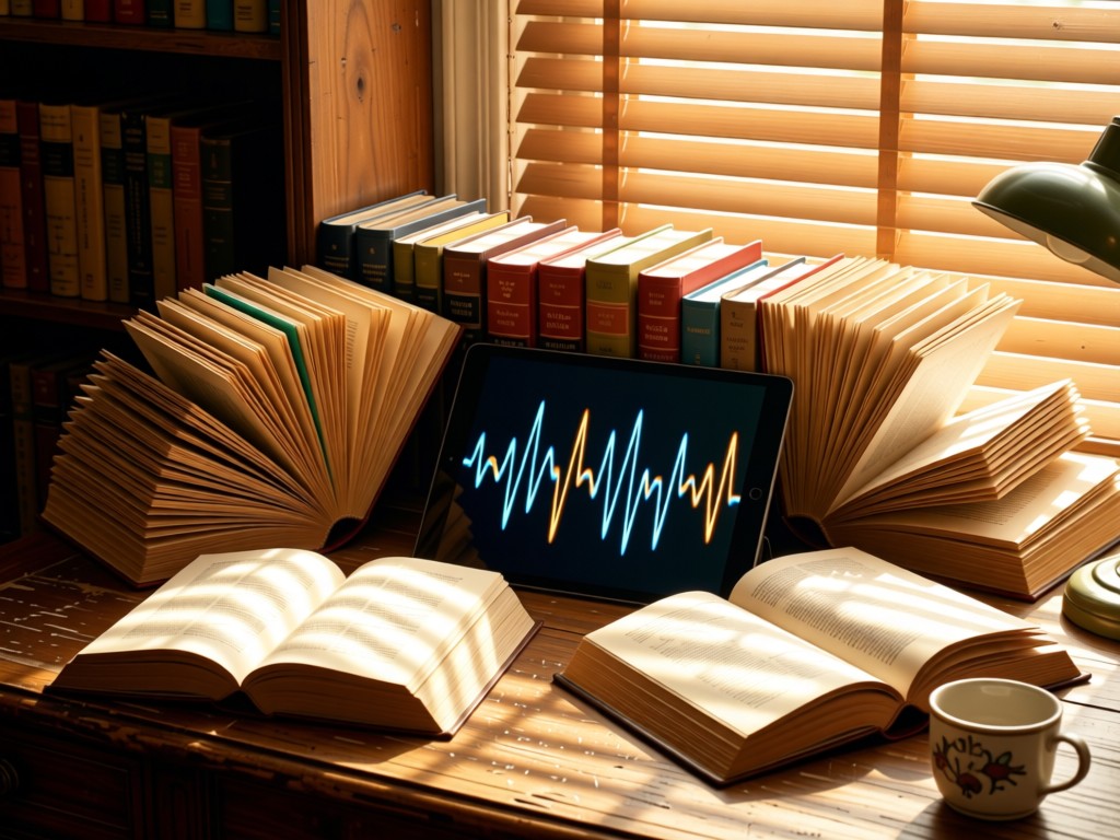 Open hardcover books fanned around a tablet displaying voice waveforms. Sunlight filters through blinds onto a rustic desk. Warm literary atmosphere.