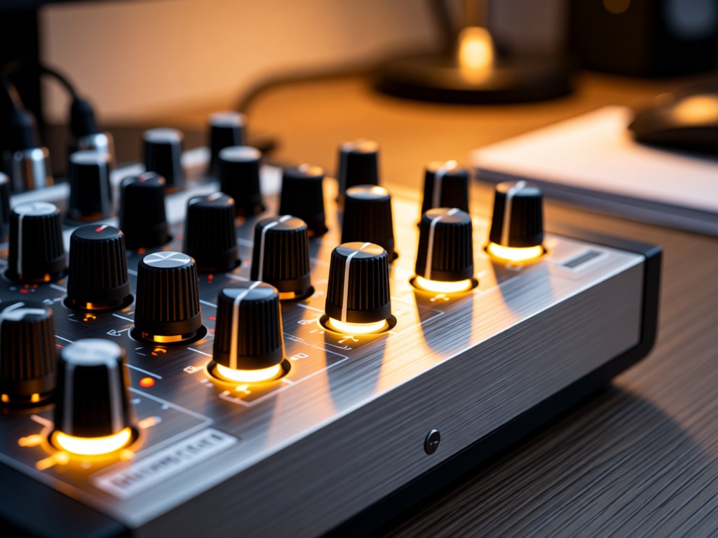 Close-up of a modern audio interface with glowing knobs. Warm light highlights brushed metal textures. Clean desk background with subtle bokeh.