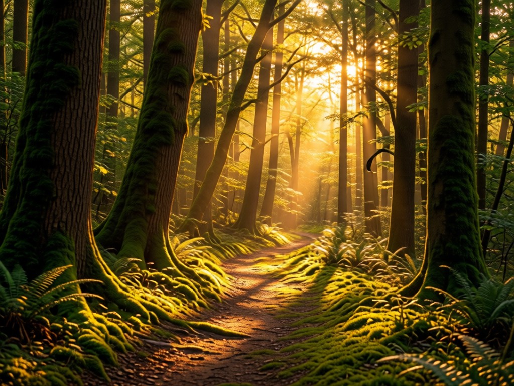 Sunlit path through forest leading to dappled light. Symbolizes rhythmic journey and discovery. Warm natural tones.