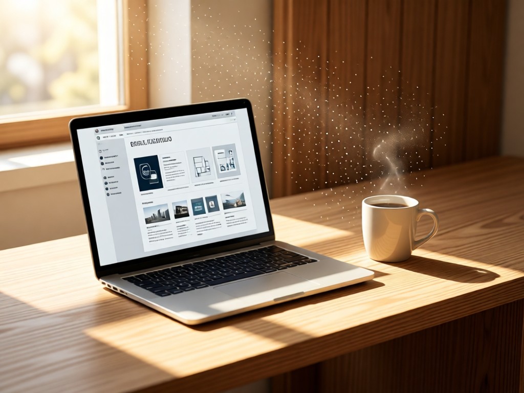 A minimalist desk with an open laptop showing clean portfolio templates. Sunlight catches dust motes near a coffee mug. Warm wood tones. No people.