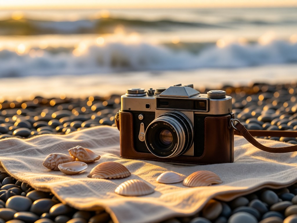 A vintage camera on a linen cloth beside scattered seashells on a Pebble Beach shore. Soft focus on crashing waves in distance under golden hour. No people.