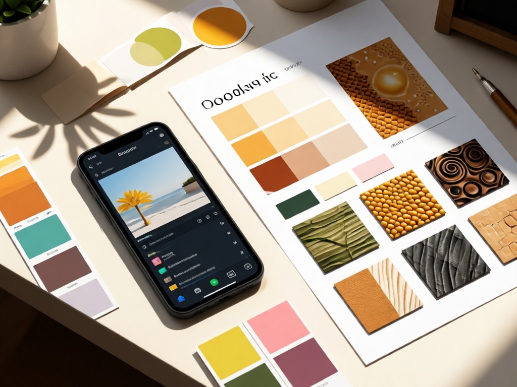 A smartphone showing portfolio editor beside a noon-themed mood board. Sunlight illuminates color swatches and texture samples. Minimalist desk setting. No people.