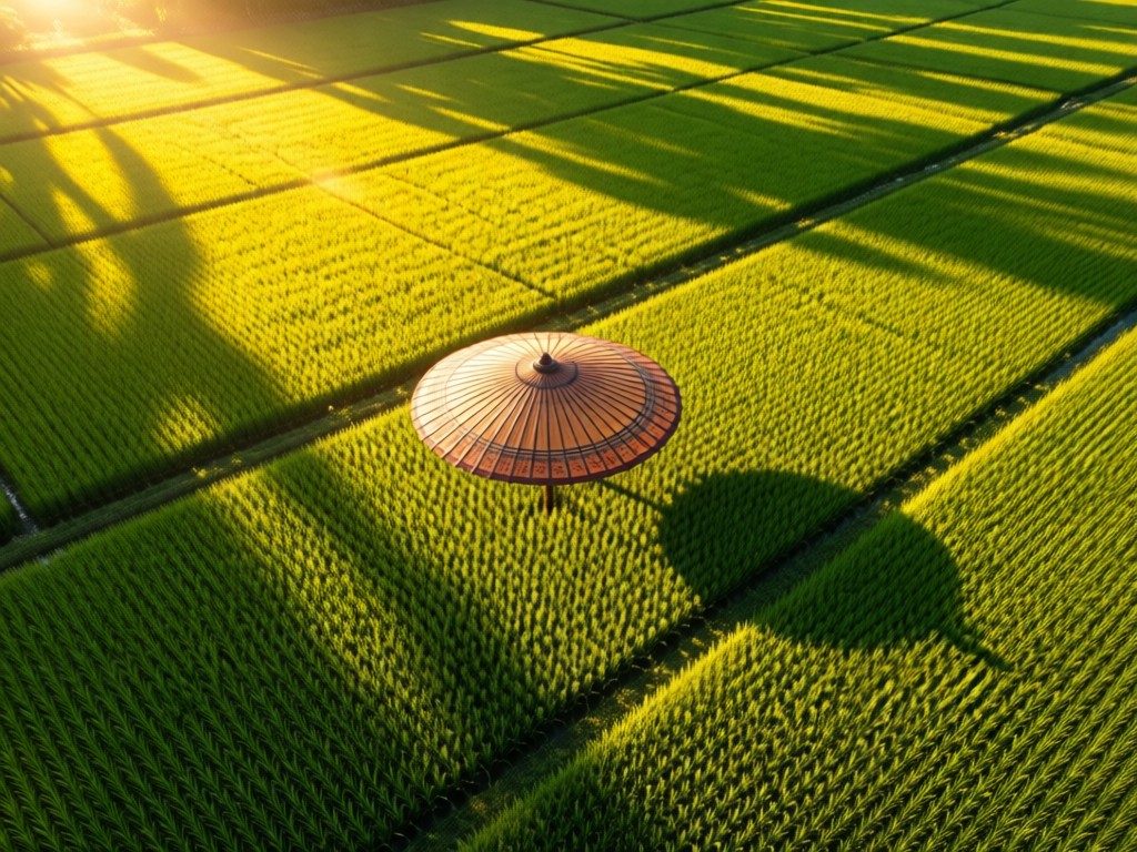 An aerial view of a single traditional Lao umbrella open in a green rice paddy. Golden hour light creates long shadows across the fields, symbolizing focus and cultural identity. No people.