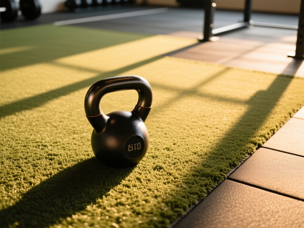 An aerial view of a single kettlebelt resting on gym turf in golden hour. The equipment sits centered in a clean, open space symbolizing focus and essential tools. Soft shadows stretch across the floor. No people.