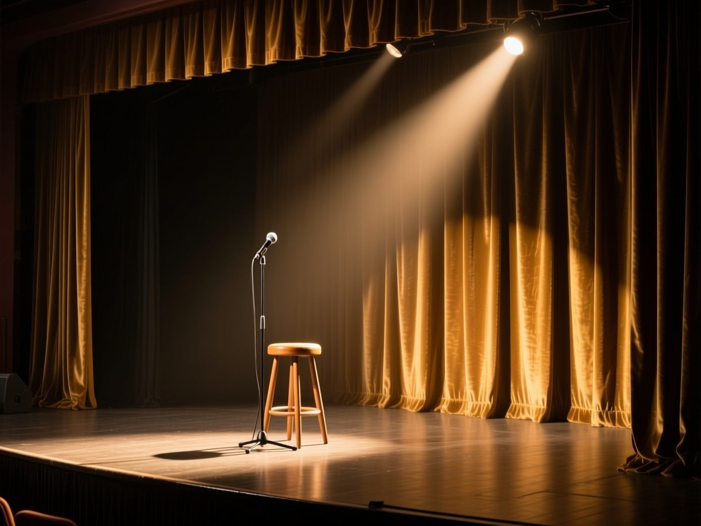 A single spotlight on a empty stage stool at golden hour, microphone waiting center-stage, velvet curtains, dramatic shadows conveying anticipation.
