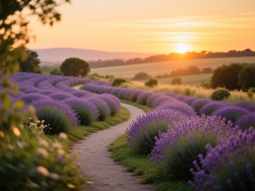A winding garden path at sunset with soft-focus lavender fields, symbolizing organic discovery, warm golden tones, natural gradient sky, shallow depth of field, no human elements.