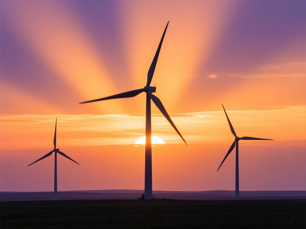 Wind turbines silhouetted against a golden sunset sky, soft light radiating through blades, vibrant orange and purple hues, symbolic of renewable energy growth, minimalist horizon line.