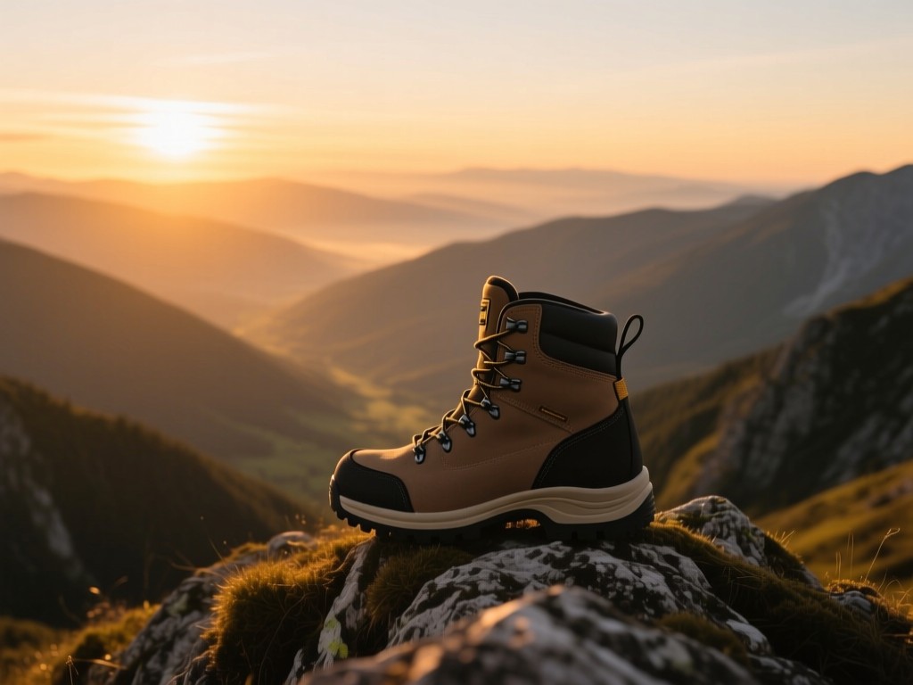 A single sturdy hiking boot on a mountain ridge at sunset, overlooking vast valleys, symbolizing preparedness and exploration, warm golden hour glow, minimalist composition, no people.